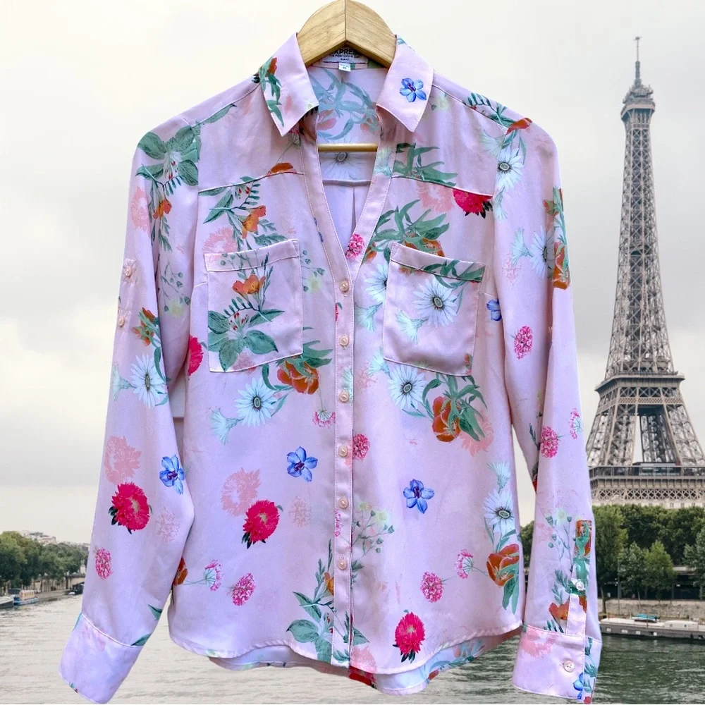 *SOLD* EXPRESS Portofino Collared Pink Floral Slim Long Sleeve Button Shirt XS - Picture 1 of 8